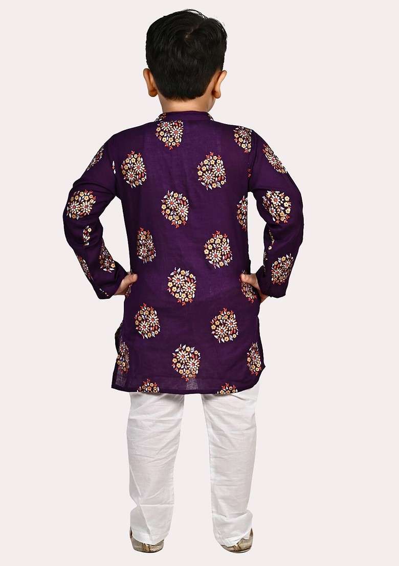 Boys Pure Cotton Gold Foil Printed Purple And White Kurta Pyjama Set - Indya