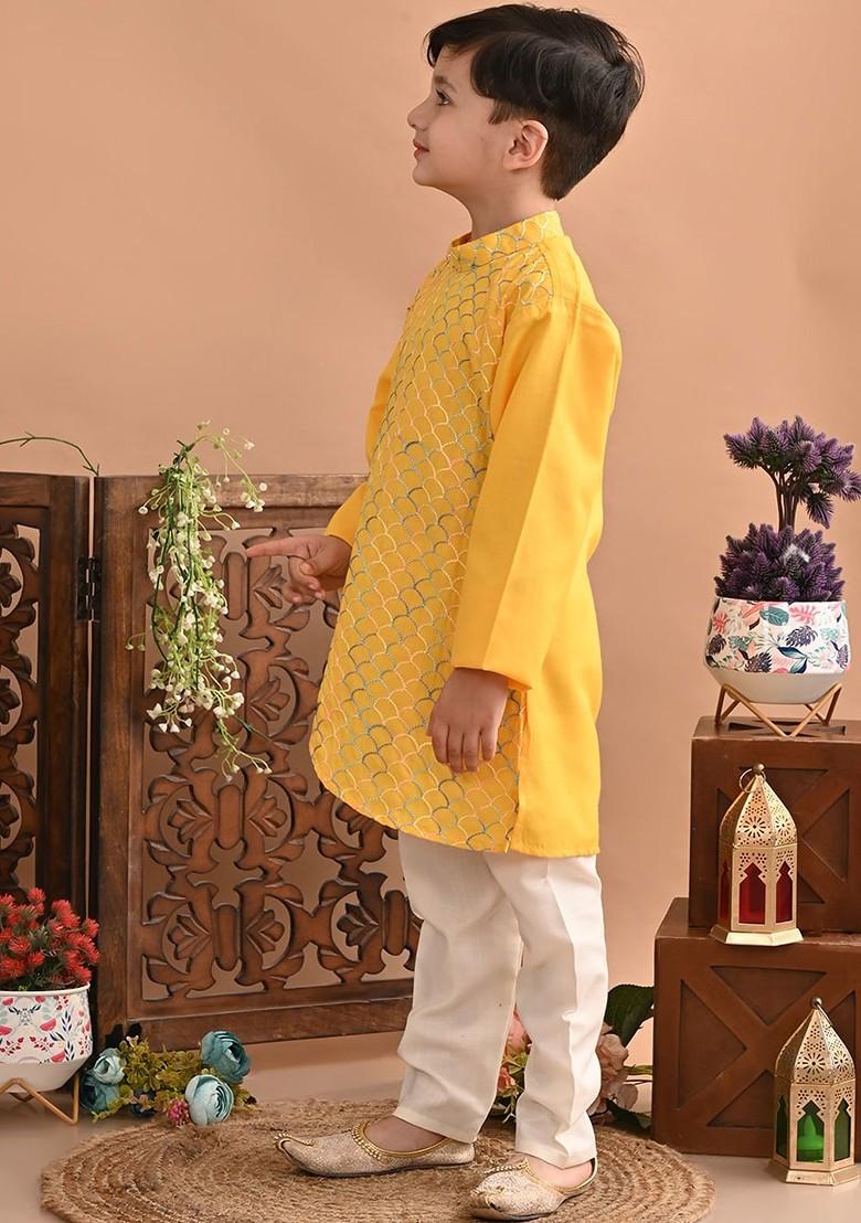Boys Embroidered Angrakha Thread Work Pure Cotton Kurta With Pyjamas - Indya