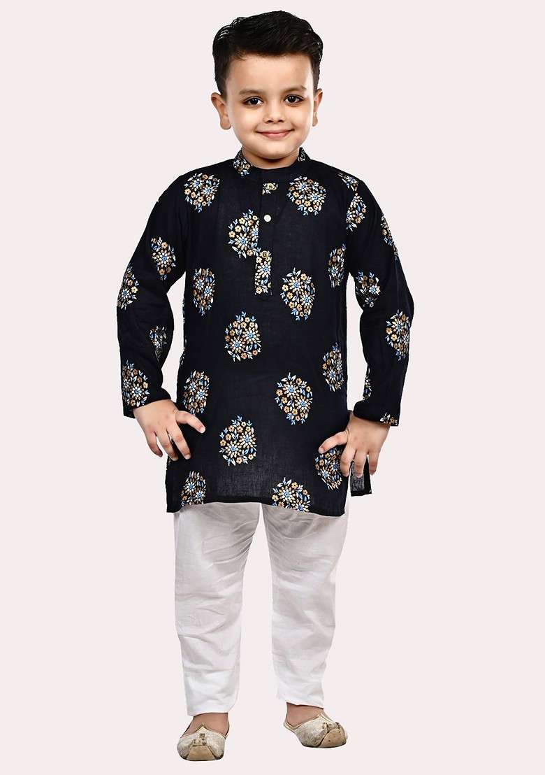 Boys Pure Cotton Gold Foil Printed Black And White Kurta Pyjama Set - Indya