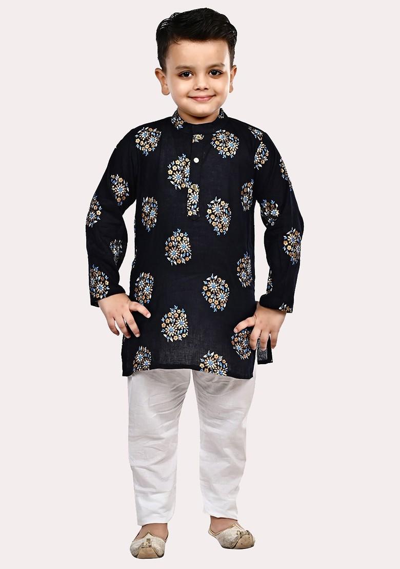 Boys Pure Cotton Gold Foil Printed Black And White Kurta Pyjama Set - Indya
