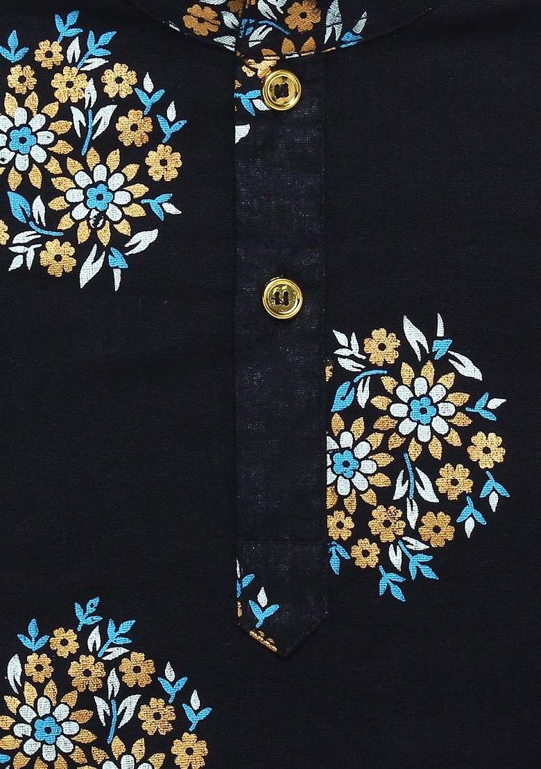 Boys Pure Cotton Gold Foil Printed Black And White Kurta Pyjama Set - Indya