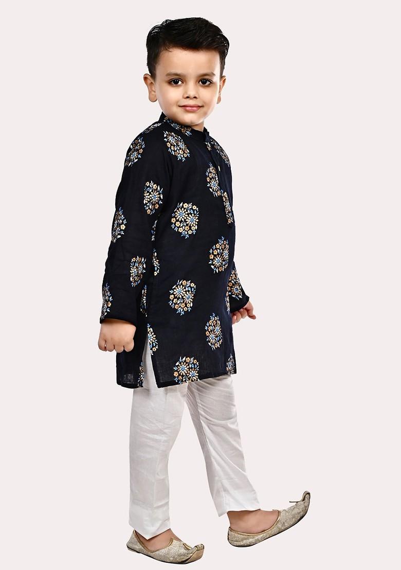 Boys Pure Cotton Gold Foil Printed Black And White Kurta Pyjama Set - Indya