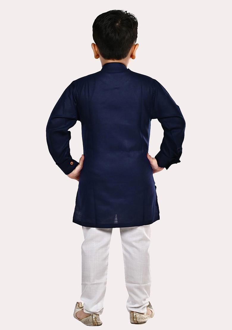 Boys Blue Angrakha Pure Cotton Kurta With Pyjamas - Indya