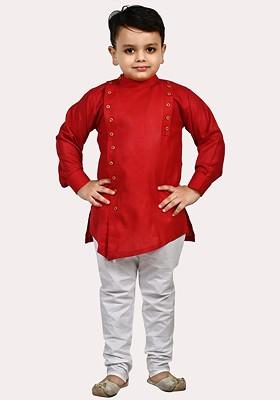 Boys Red Angrakha Pure Cotton Kurta With Pyjamas