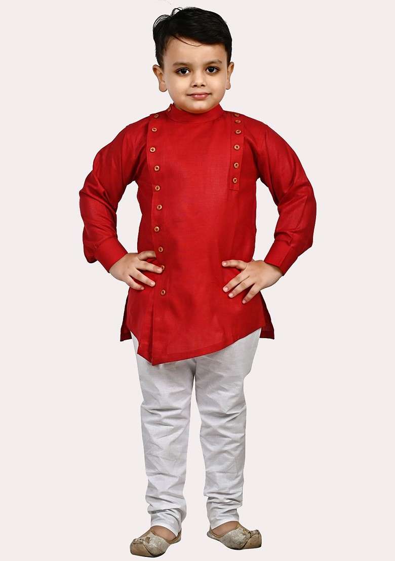 Boys Red Angrakha Pure Cotton Kurta With Pyjamas - Indya