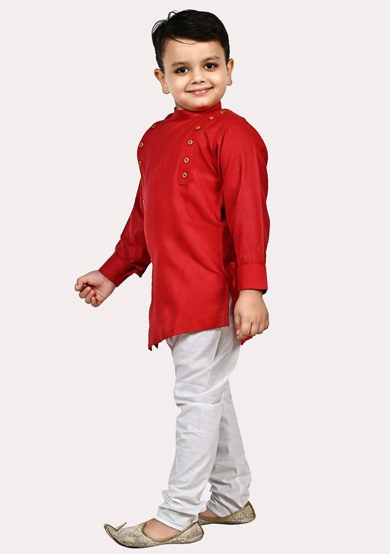 Boys Red Angrakha Pure Cotton Kurta With Pyjamas
