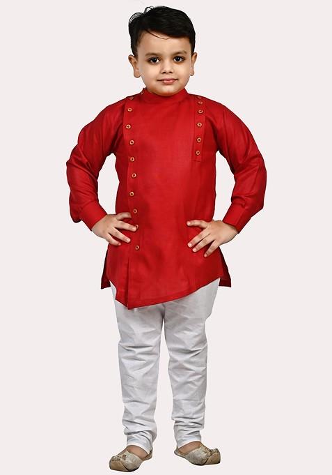 Boys Red Angrakha Pure Cotton Kurta With Pyjamas