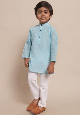 Boys Geometric Embroidered Pure Cotton Kurta With Pyjamas