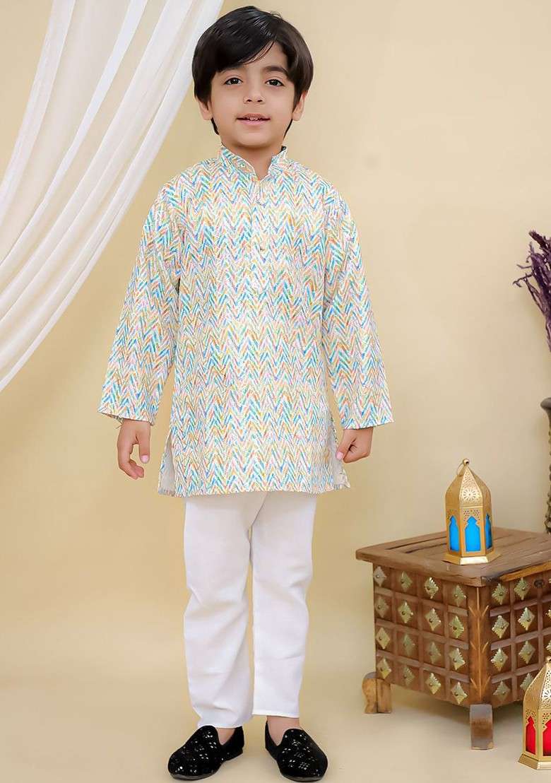 Boys Embroidered Regular Pure Cotton Kurta With Pyjamas - Indya