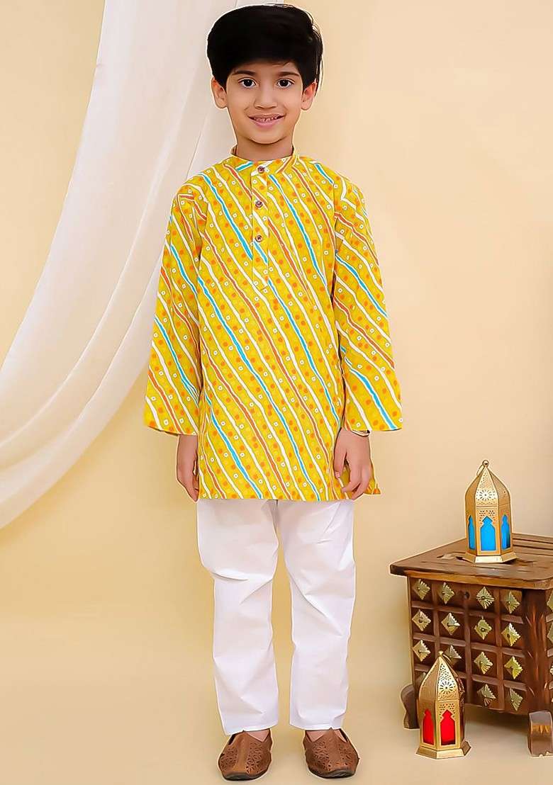 Boys Leheriya Printed Layered Pure Cotton Kurta With Pyjamas - Indya