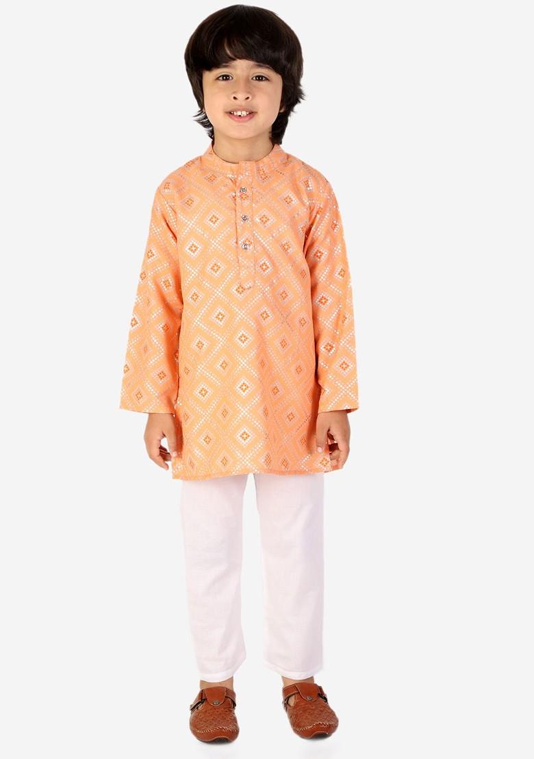 Boys Peach Coloured Bandhani Pure Cotton Kurta With Pyjamas