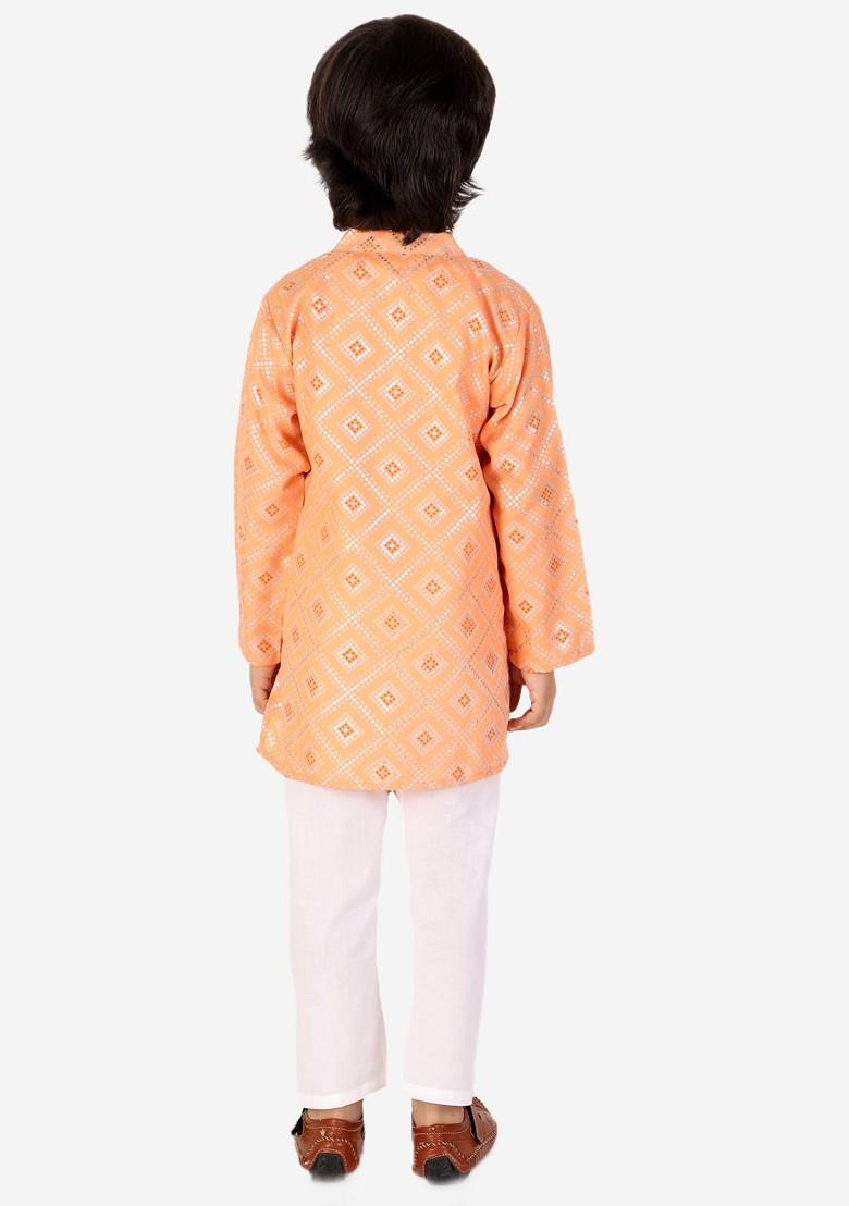 Boys Peach Coloured Bandhani Pure Cotton Kurta With Pyjamas