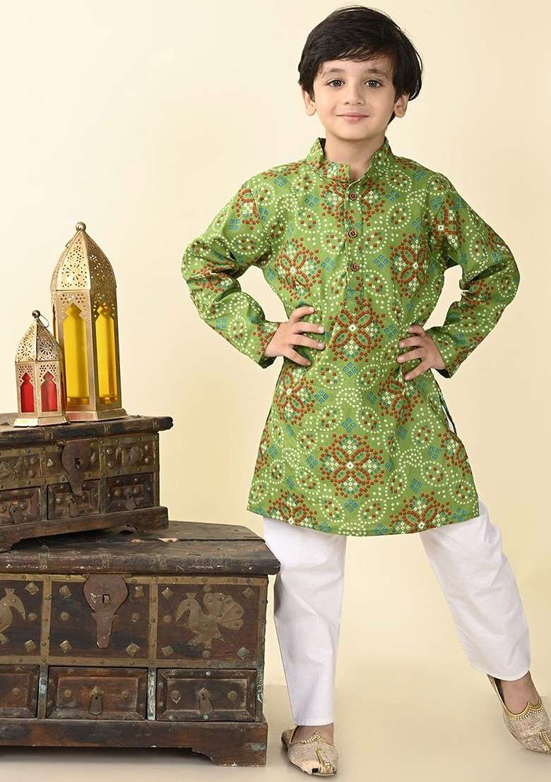 Boys Bandhani Printed Regular Pure Cotton Straight Kurta With Pyjamas - Indya