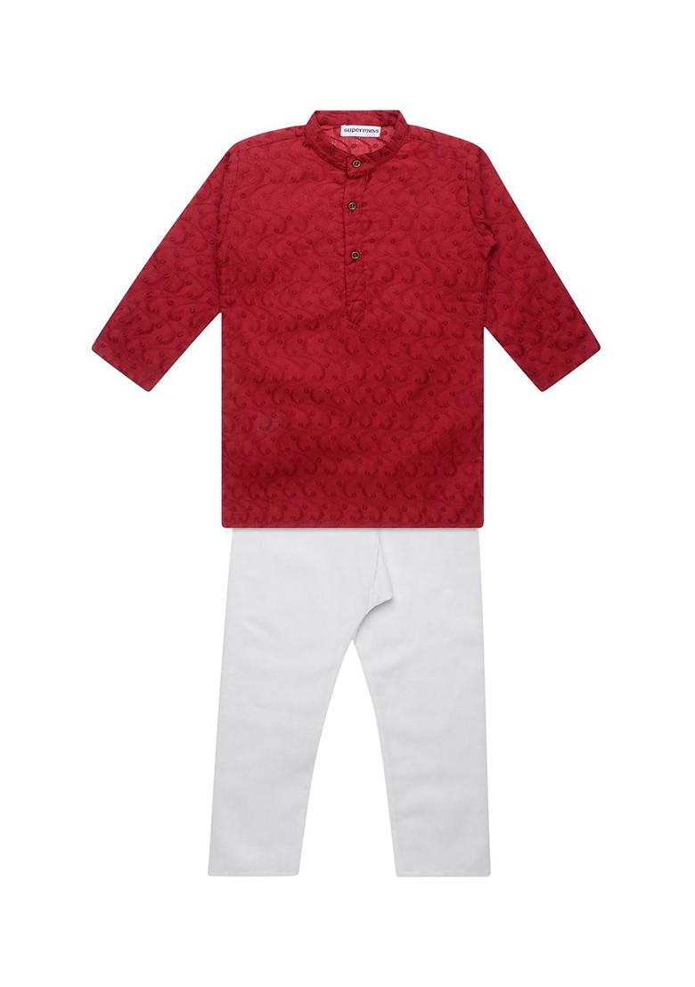 Boys Regular Chikankari Pure Cotton Kurta With Pyjamas - Indya