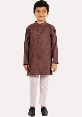 Boys Coffee Brown Embroidered Pure Cotton Kurta With Pyjamas