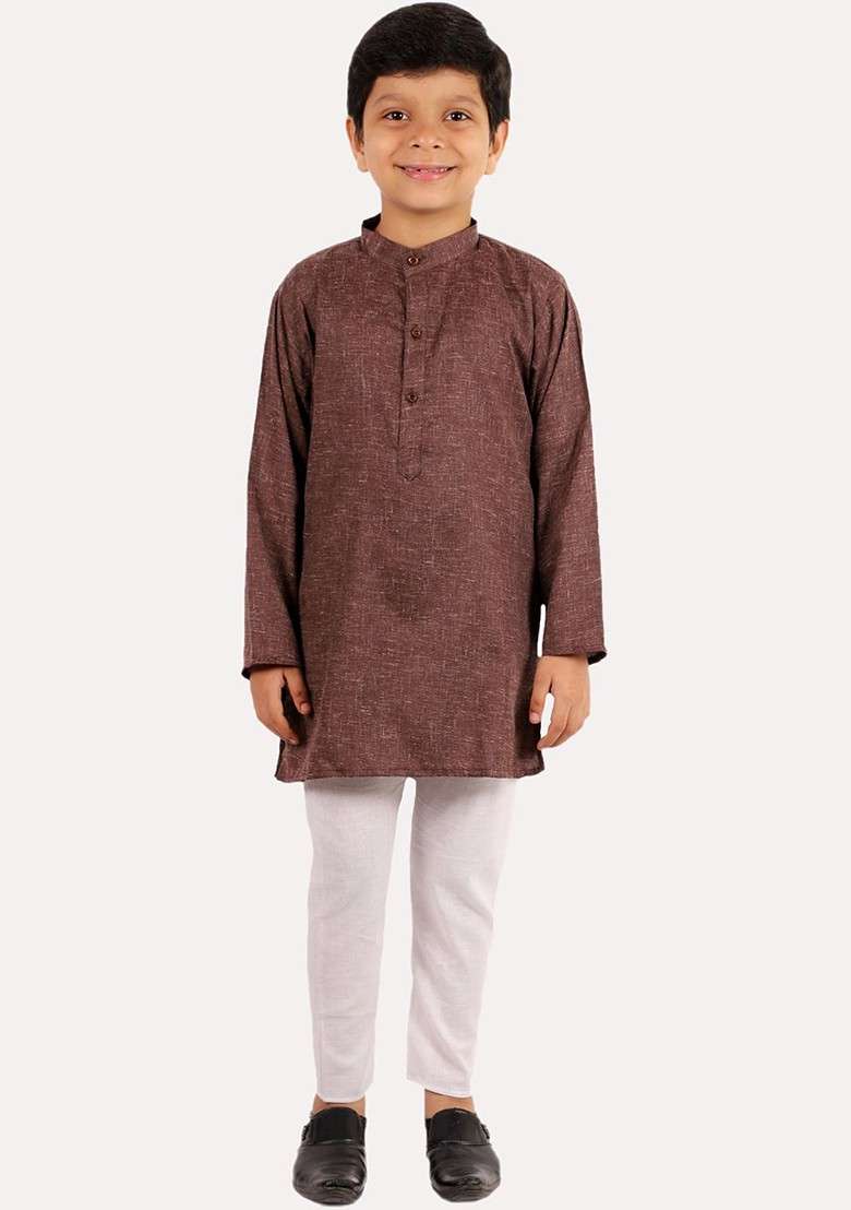 Boys Coffee Brown Embroidered Pure Cotton Kurta With Pyjamas - Indya