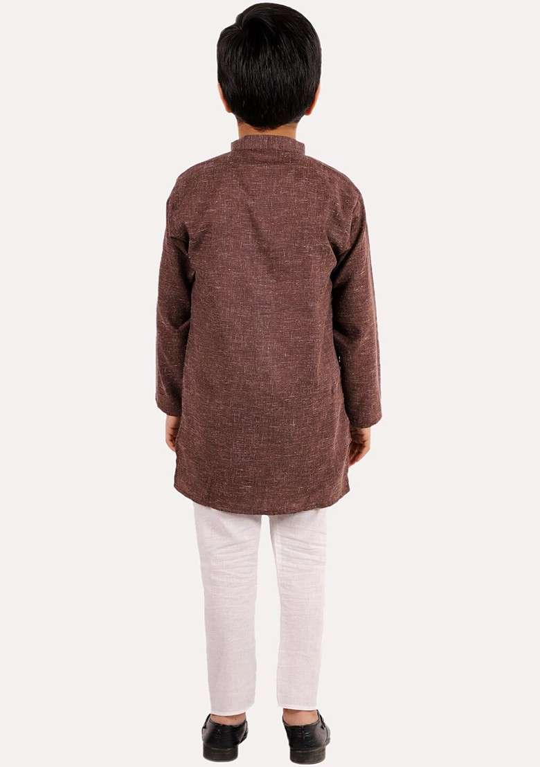 Boys Coffee Brown Embroidered Pure Cotton Kurta With Pyjamas - Indya