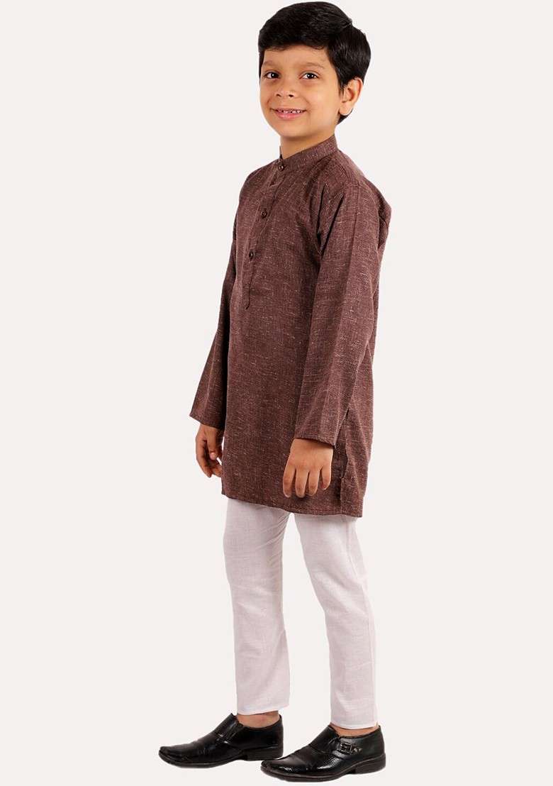 Boys Coffee Brown Embroidered Pure Cotton Kurta With Pyjamas - Indya