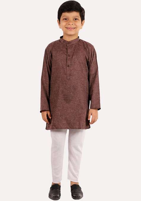 Boys Coffee Brown Embroidered Pure Cotton Kurta With Pyjamas