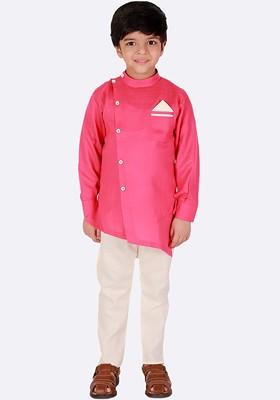 Boys Mandarin Collar Pure Cotton Kurta With Churidar