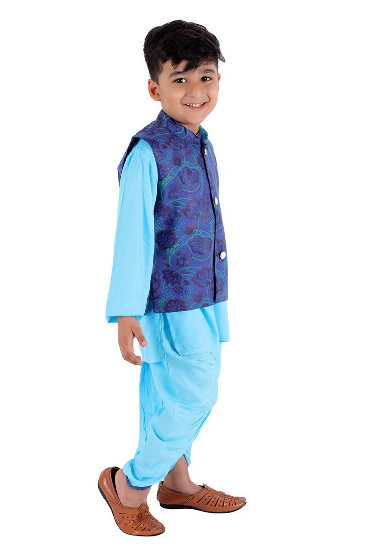 Boys Mandarin Collar Kurta With Dhoti Pants And Nehru Jacket