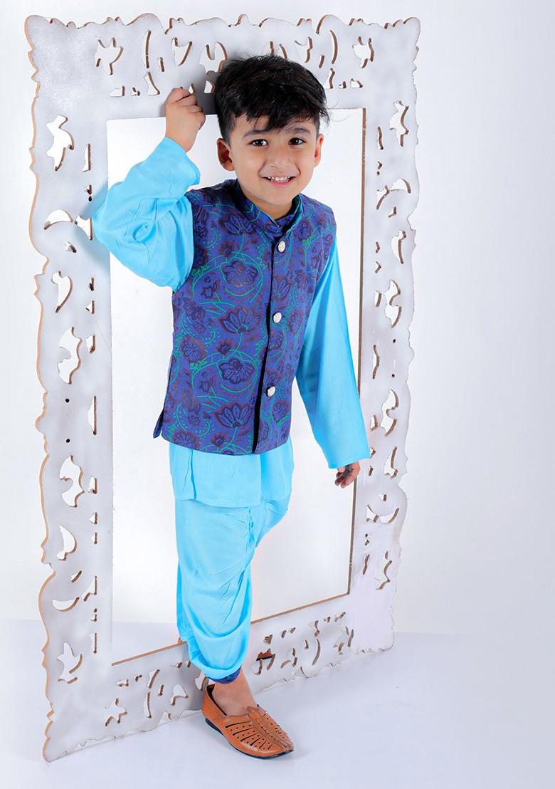 Boys Mandarin Collar Kurta With Dhoti Pants And Nehru Jacket
