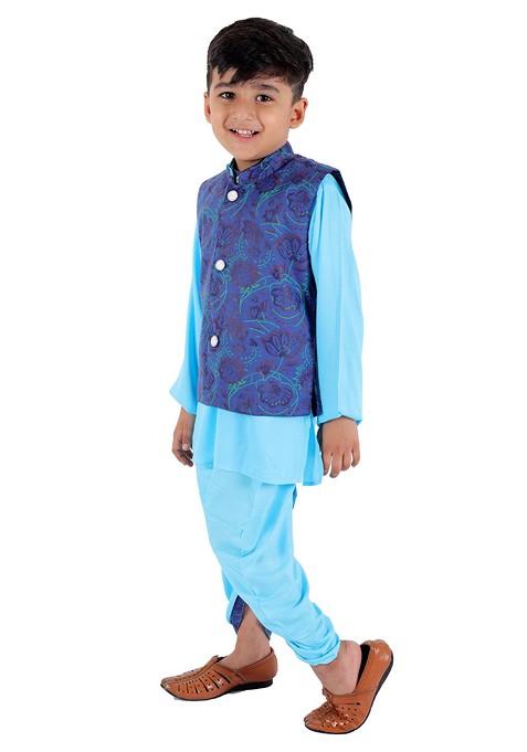 Boys Mandarin Collar Kurta With Dhoti Pants And Nehru Jacket