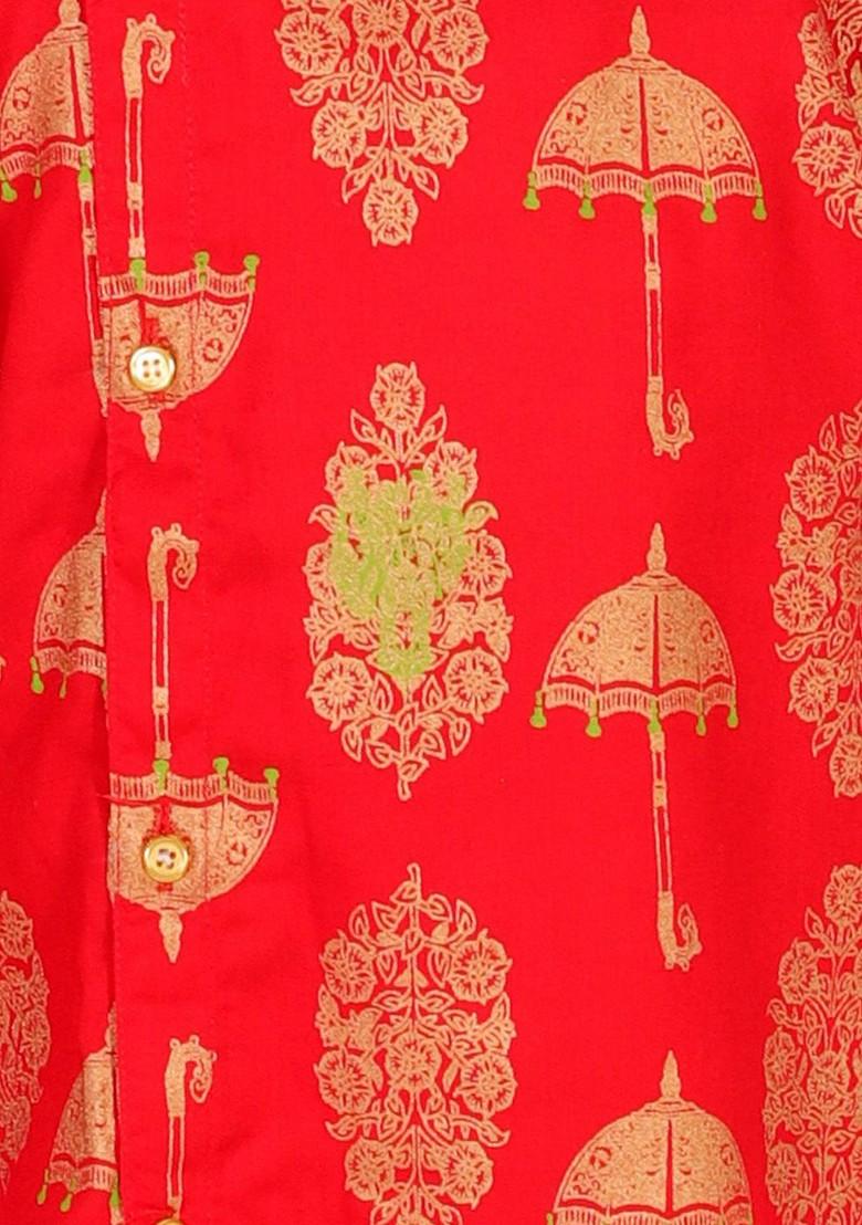 Boys Ethnic Motifs Printed Angrakha Pure Cotton Straight Kurta With Dhoti Pants