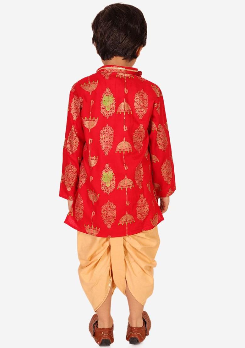 Boys Ethnic Motifs Printed Angrakha Pure Cotton Straight Kurta With Dhoti Pants