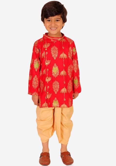 Boys Ethnic Motifs Printed Angrakha Pure Cotton Straight Kurta With Dhoti Pants