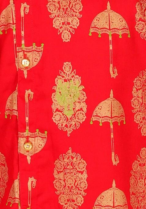 Boys Ethnic Motifs Printed Angrakha Pure Cotton Straight Kurta With Dhoti Pants