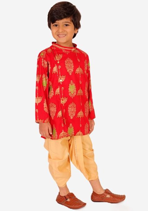 Boys Ethnic Motifs Printed Angrakha Pure Cotton Straight Kurta With Dhoti Pants