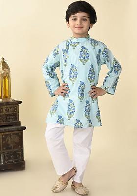 Boys Floral Printed Mandarin Collar Pure Cotton Straight Kurta With Pyjama
