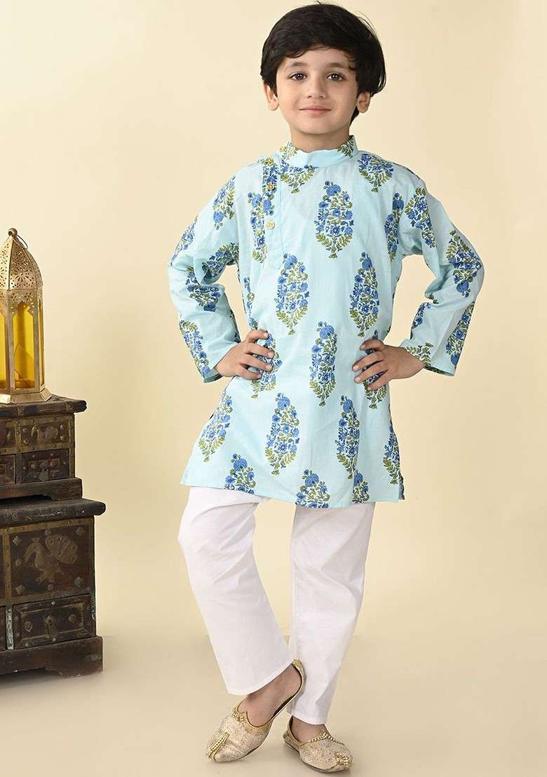 Boys Floral Printed Mandarin Collar Pure Cotton Straight Kurta With Pyjama - Indya