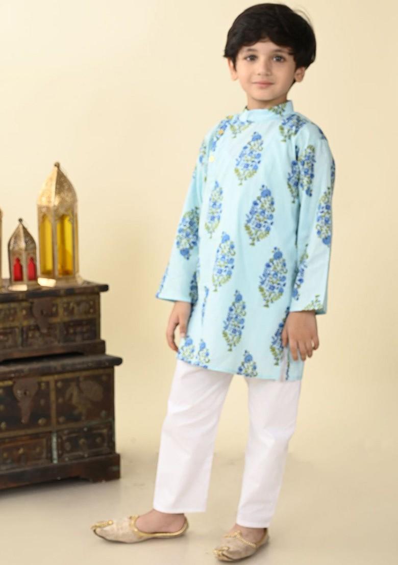 Boys Floral Printed Mandarin Collar Pure Cotton Straight Kurta With Pyjama