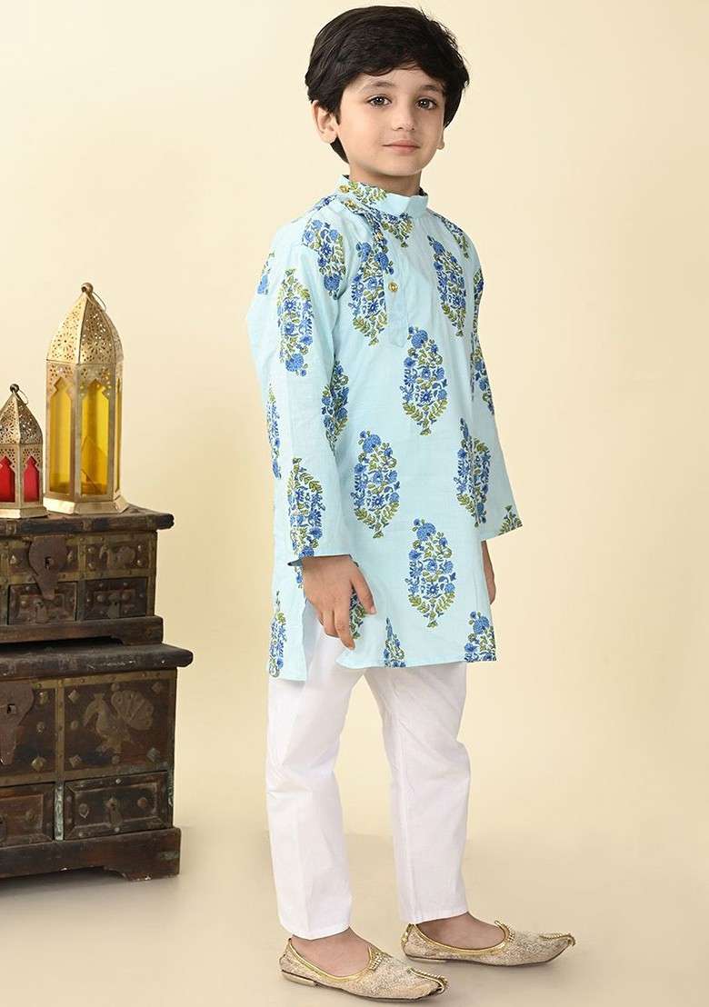 Boys Floral Printed Mandarin Collar Pure Cotton Straight Kurta With Pyjama - Indya