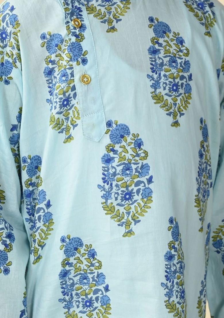 Boys Floral Printed Mandarin Collar Pure Cotton Straight Kurta With Pyjama
