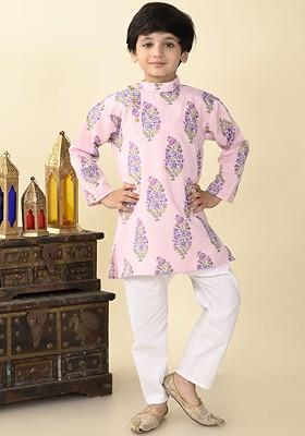 Boys Floral Printed Mandarin Collar Regular Pure Cotton Kurta With Pyjama