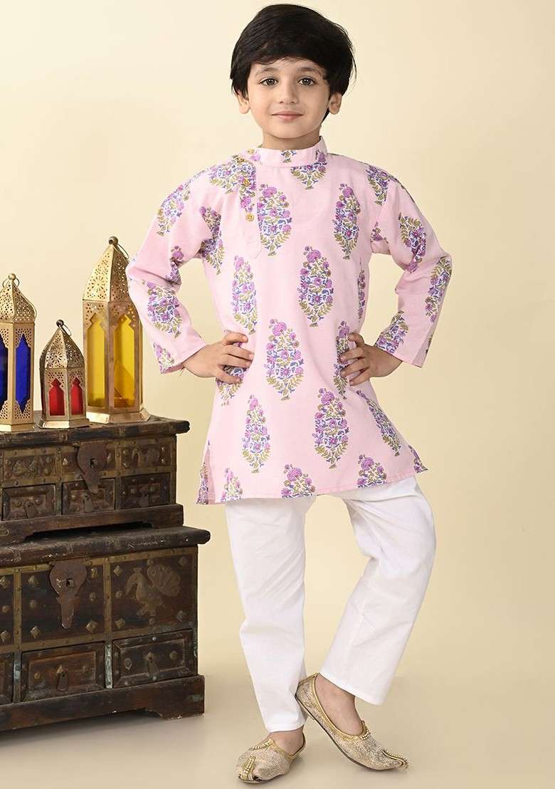 Boys Floral Printed Mandarin Collar Regular Pure Cotton Kurta With Pyjama - Indya