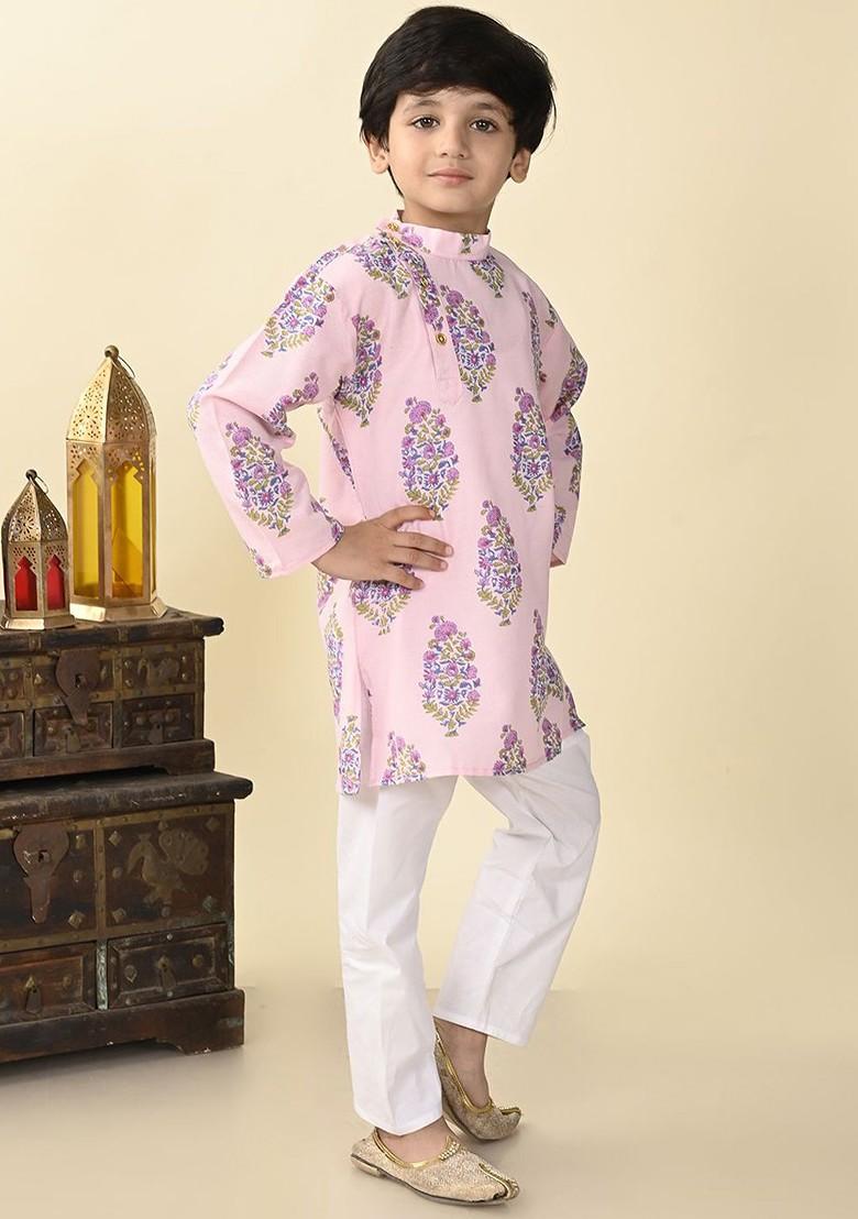 Boys Floral Printed Mandarin Collar Regular Pure Cotton Kurta With Pyjama