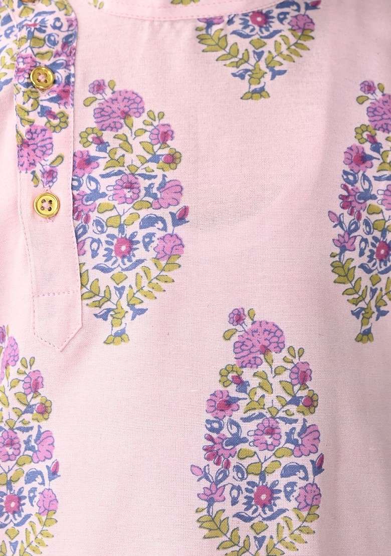 Boys Floral Printed Mandarin Collar Regular Pure Cotton Kurta With Pyjama - Indya