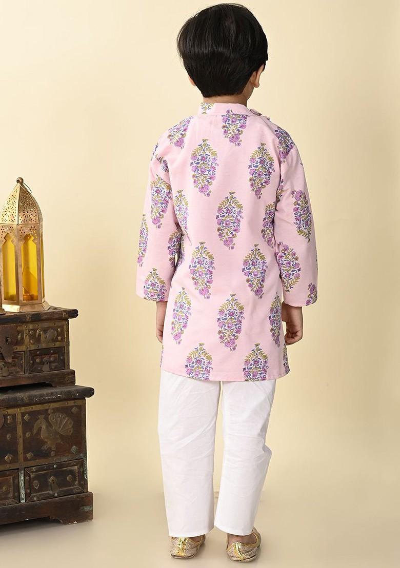 Boys Floral Printed Mandarin Collar Regular Pure Cotton Kurta With Pyjama