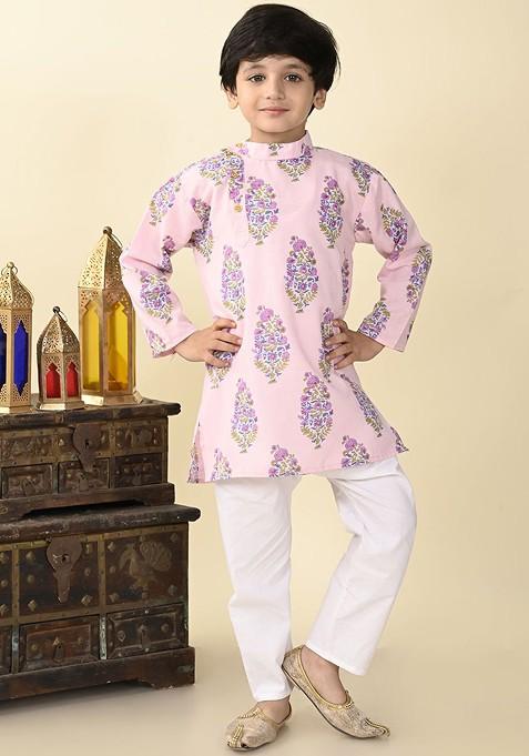 Boys Floral Printed Mandarin Collar Regular Pure Cotton Kurta With Pyjama