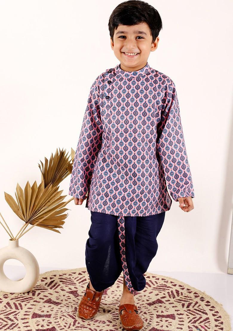 Boys Ethnic Motifs Printed Mandarin Collar Kurta With Dhoti Pants