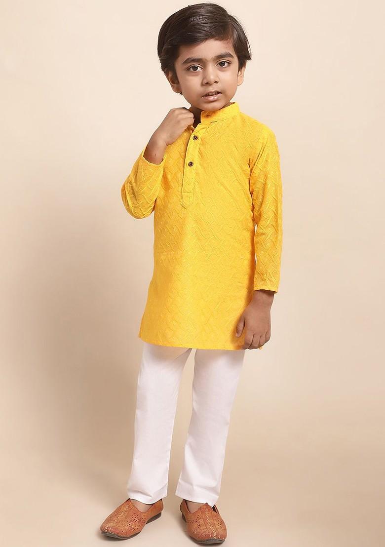 Boys Ethnic Motifs Embroidered Pure Cotton Straight Kurta With Pyjamas