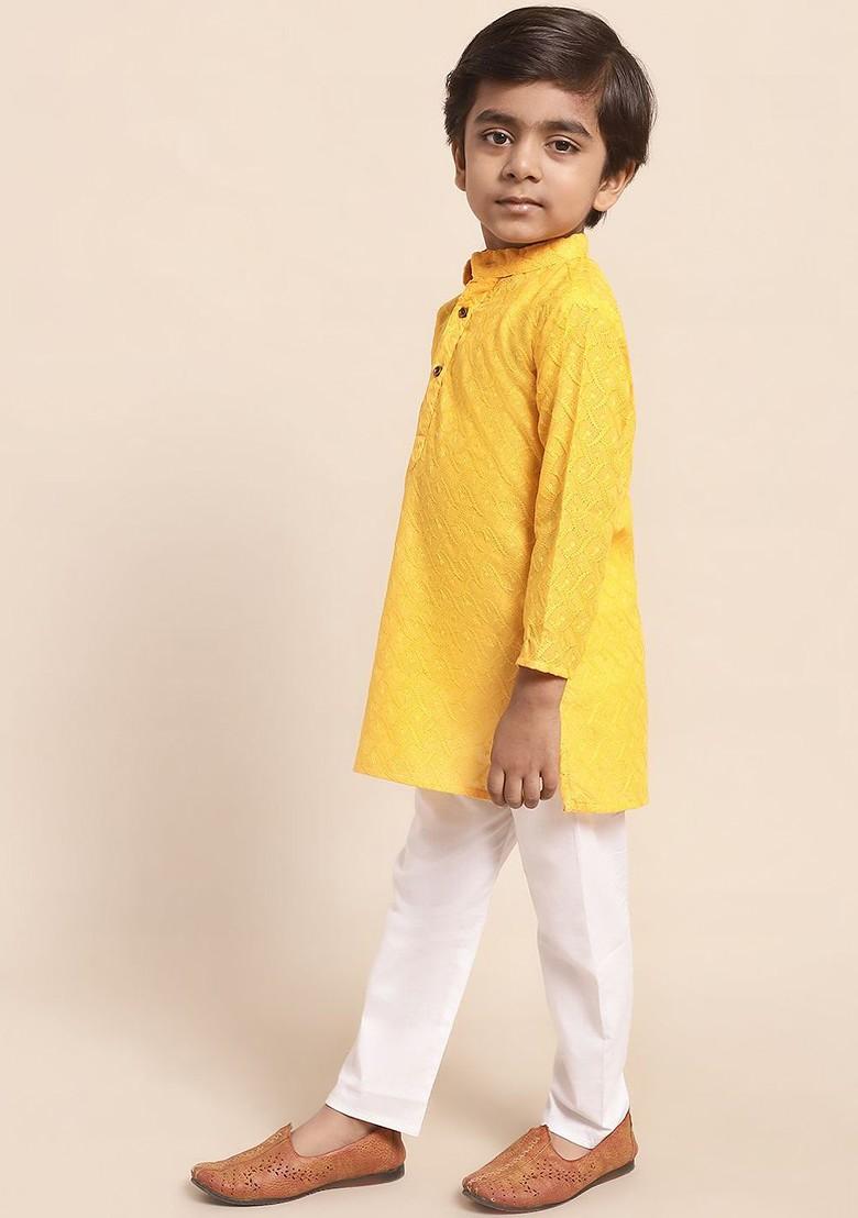 Boys Ethnic Motifs Embroidered Pure Cotton Straight Kurta With Pyjamas