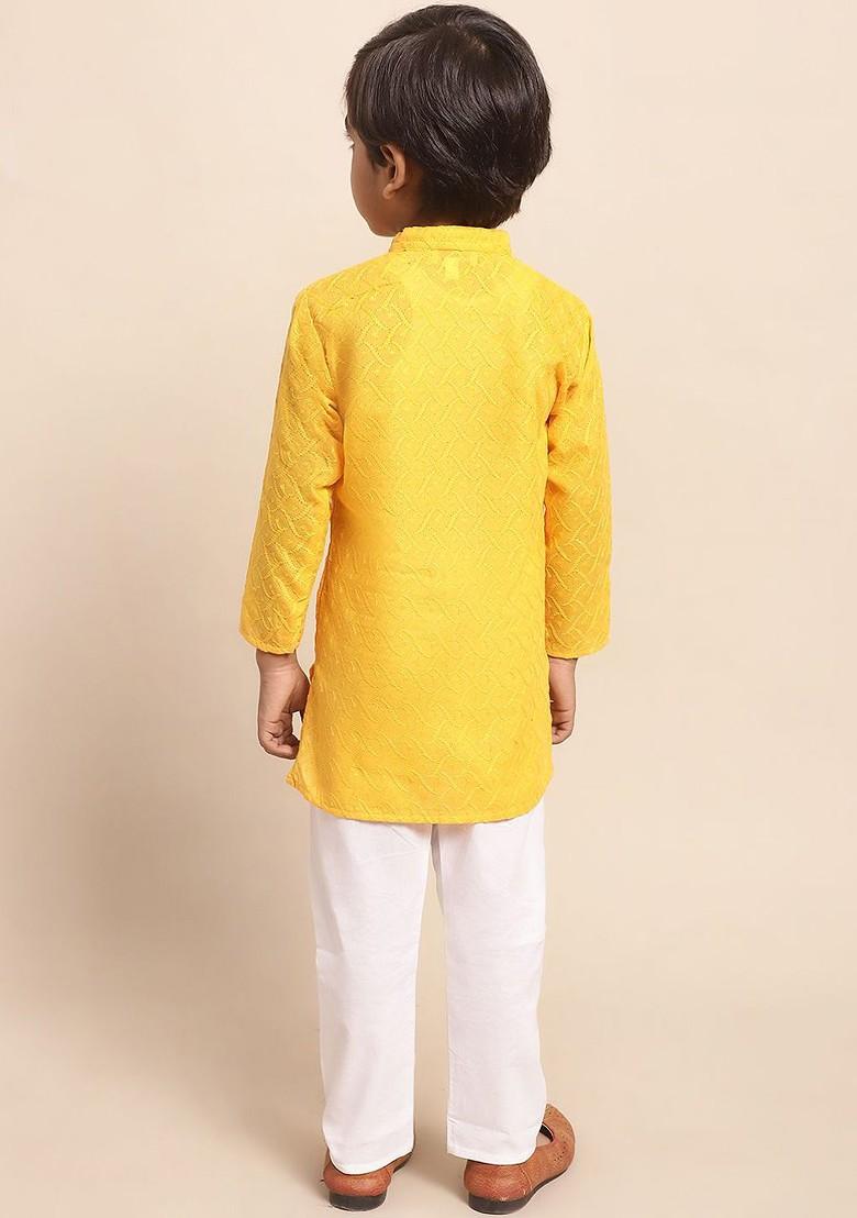 Boys Ethnic Motifs Embroidered Pure Cotton Straight Kurta With Pyjamas