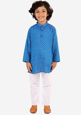 Boys Blue And White Self Design Kurta With Pyjamas