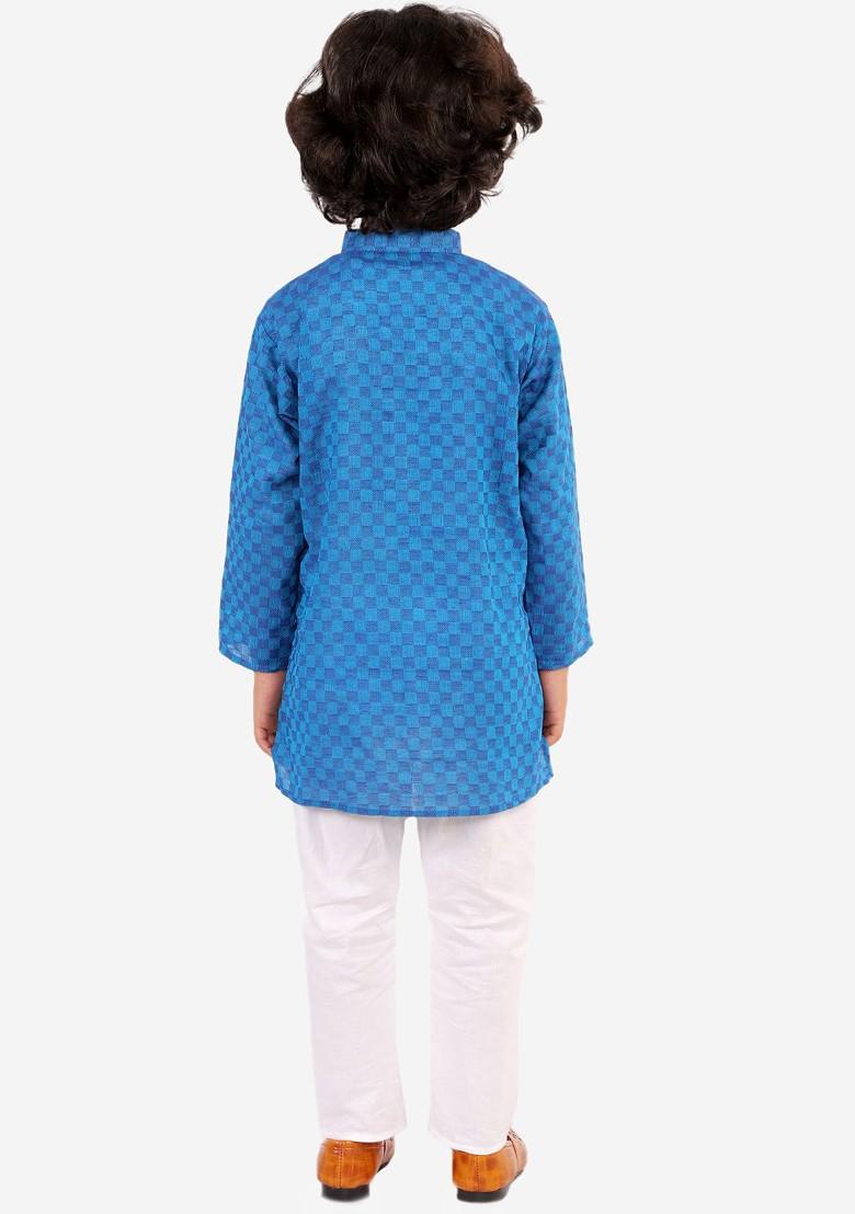 Boys Blue And White Self Design Kurta With Pyjamas