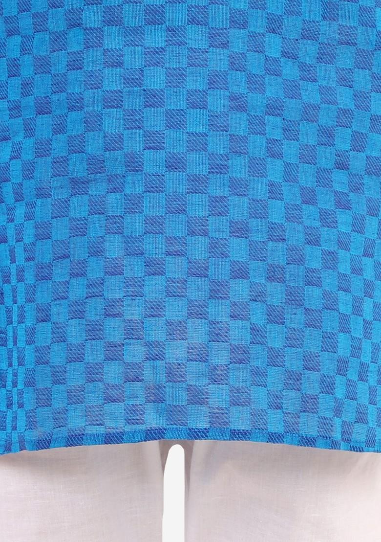 Boys Blue And White Self Design Kurta With Pyjamas